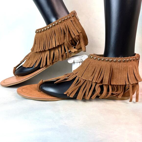 Steve Madden Surrie Brown Suede Leather Studden Ankle Fringe Moccasin Sandals - Picture 4 of 9